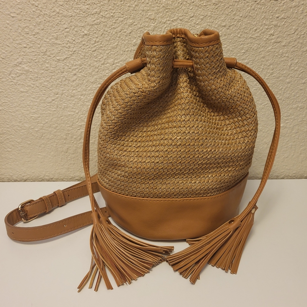 Urban Expressions "Straw" & Faux Leather Bucket Bag